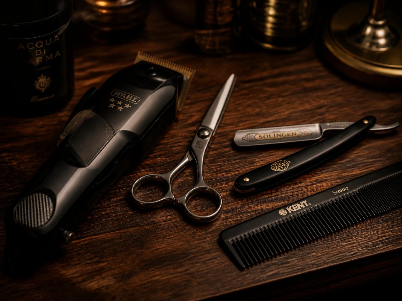 Ferramentas premium de barbearia sobre bancada de madeira escura